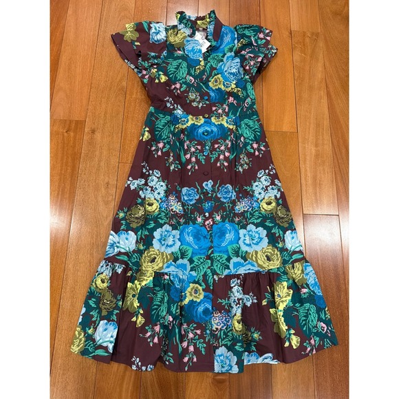 NWT Tuckernuck Merlot Sharp Floral Dress Burgundy Blue Ruffle Sleeve Midi M - Picture 10 of 10